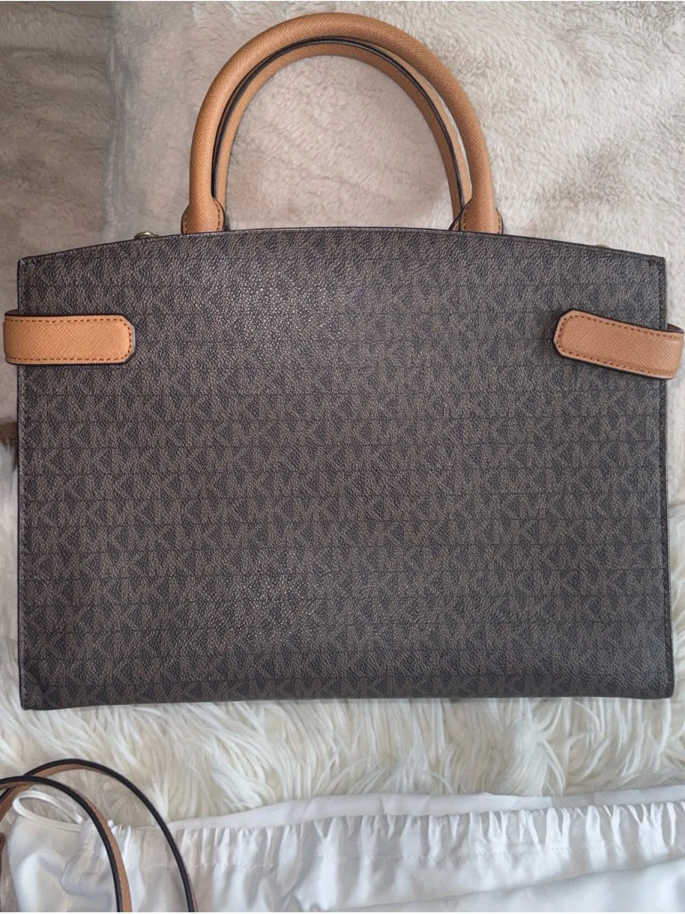 Michael Kors Brown & Tan Logo-Print Satchel with Gold Hardware